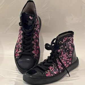 RED VALENTINO Pink Floral and Black Patent Leather Lace-Up High Top Sneakers